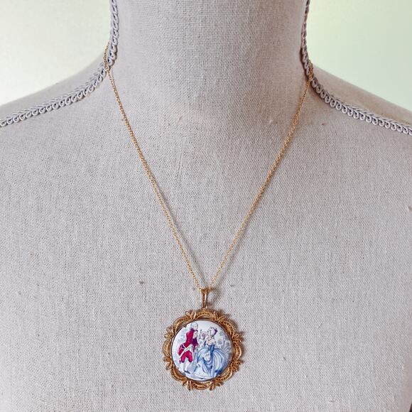 VTG 1950s Pendant Necklace Filigree Enamel French Rococo Style Prong Set MCM - Picture 11 of 13